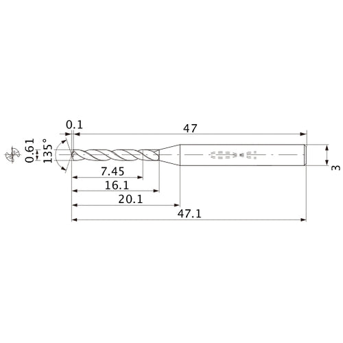MWS0061XB VP15TF 0.61 mm Dia. × 3 mm Shank × 16.1 mm Flute Length × 47.1 mm OAL, 135°, 2 Flute, Coolant Thru, Solid Carbide Drill