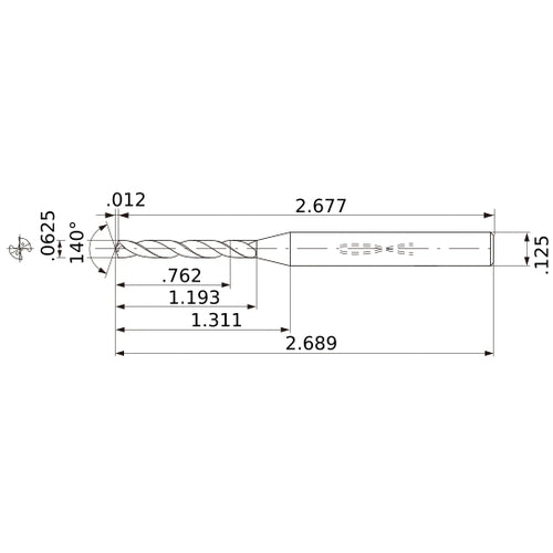 MWS00625XB VP15TF 1/16″ Dia. × 1/8″ Shank × 1.193″ Flute Length × 2.689″ OAL, 140°, 2 Flute, Coolant Thru, Solid Carbide Drill