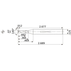 MWS00700SB VP15TF 0.07″ Dia. × 1/8″ Shank × 0.366″ Flute Length × 2.689″ OAL, 140°, 2 Flute, Coolant Thru, Solid Carbide Drill