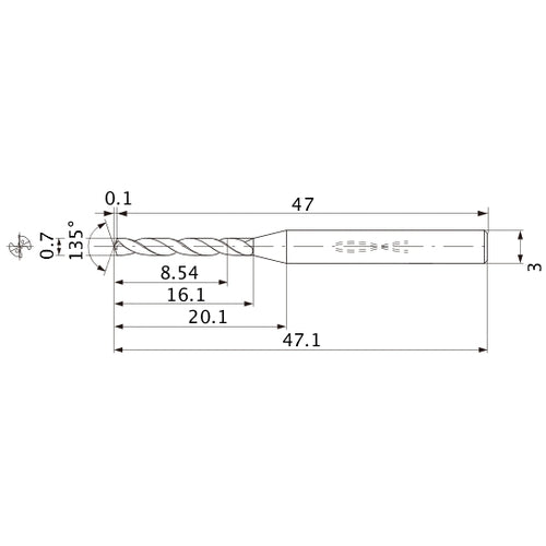 MWS0070XB VP15TF 0.7 mm Dia. × 3 mm Shank × 16.1 mm Flute Length × 47.1 mm OAL, 135°, 2 Flute, Coolant Thru, Solid Carbide Drill