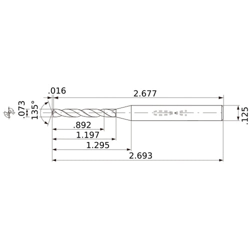 MWS00730XB VP15TF 0.073″ Dia. × 1/8″ Shank × 1.197″ Flute Length × 2.693″ OAL, 135°, 2 Flute, Coolant Thru, Solid Carbide Drill