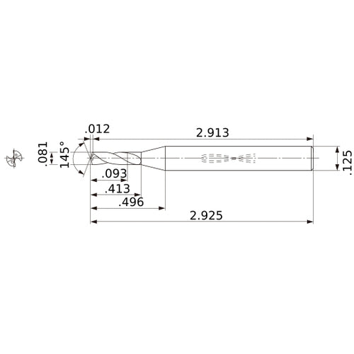 MWS00810SB VP15TF 0.081″ Dia. × 1/8″ Shank × 0.413″ Flute Length × 2.925″ OAL, 145°, 2 Flute, Coolant Thru, Solid Carbide Drill