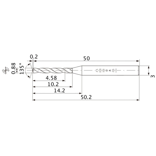 MWS0088LB VP15TF 0.88 mm Dia. × 3 mm Shank × 10.2 mm Flute Length × 50.2 mm OAL, 135°, 2 Flute, Coolant Thru, Solid Carbide Drill