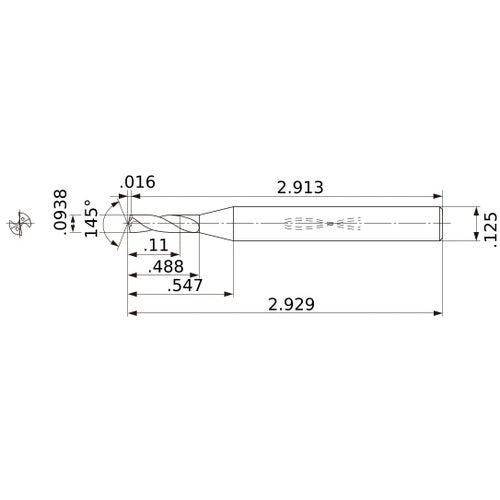 MWS00938SB VP15TF 0.0938″ Dia. × 1/8″ Shank × 0.488″ Flute Length × 2.929″ OAL, 145°, 2 Flute, Coolant Thru, Solid Carbide Drill