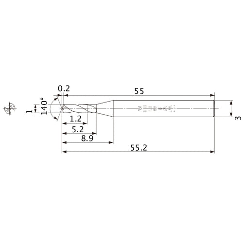 MWS0100SB VP15TF 1 mm Dia. × 3 mm Shank × 5.2 mm Flute Length × 55.2 mm OAL, 140°, 2 Flute, Coolant Thru, Solid Carbide Drill