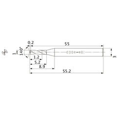 MWS0100SB VP15TF 1 mm Dia. × 3 mm Shank × 5.2 mm Flute Length × 55.2 mm OAL, 140°, 2 Flute, Coolant Thru, Solid Carbide Drill