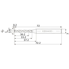 MWS0100X30DB VP15TF 1 mm Dia. × 3 mm Shank × 33.2 mm Flute Length × 72.2 mm OAL, 135°, 2 Flute, Coolant Thru, Solid Carbide Drill