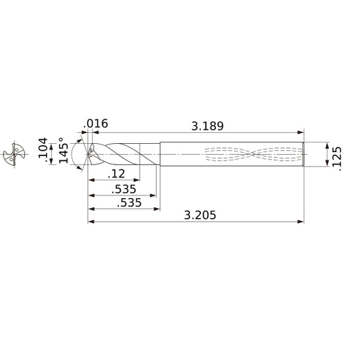 MWS01040SB VP15TF 0.104″ Dia. × 1/8″ Shank × 0.535″ Flute Length × 3.205″ OAL, 145°, 2 Flute, Coolant Thru, Solid Carbide Drill