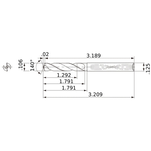 MWS01060XB VP15TF 0.106″ Dia. × 1/8″ Shank × 1.791″ Flute Length × 3.209″ OAL, 140°, 2 Flute, Coolant Thru, Solid Carbide Drill