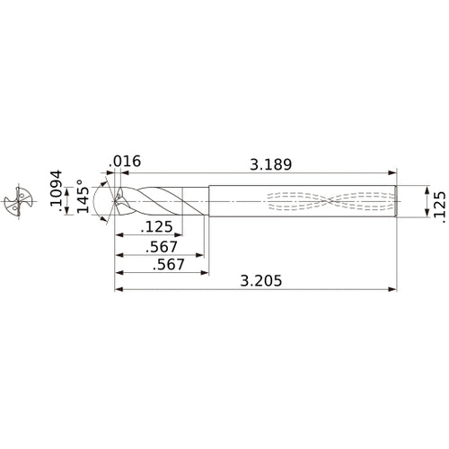MWS01094SB VP15TF 0.1094″ Dia. × 1/8″ Shank × 0.567″ Flute Length × 3.205″ OAL, 145°, 2 Flute, Coolant Thru, Solid Carbide Drill