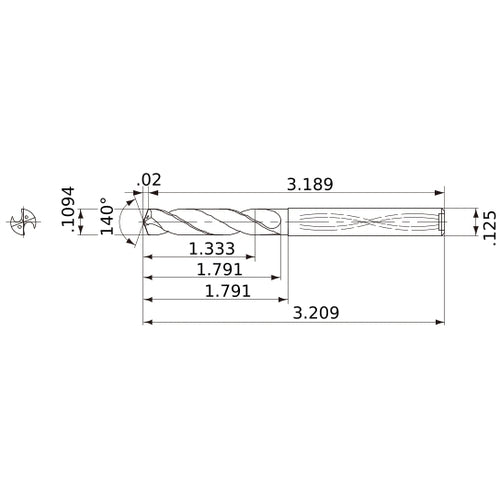 MWS01094XB VP15TF 0.1094″ Dia. × 1/8″ Shank × 1.791″ Flute Length × 3.209″ OAL, 140°, 2 Flute, Coolant Thru, Solid Carbide Drill