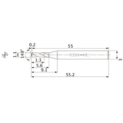 MWS0110SB VP15TF 1.1 mm Dia. × 3 mm Shank × 5.6 mm Flute Length × 55.2 mm OAL, 140°, 2 Flute, Coolant Thru, Solid Carbide Drill
