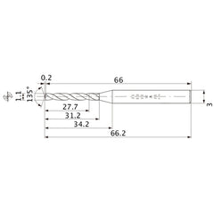 MWS0110X25DB VP15TF 1.1 mm Dia. × 3 mm Shank × 31.2 mm Flute Length × 66.2 mm OAL, 135°, 2 Flute, Coolant Thru, Solid Carbide Drill