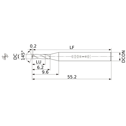 MWS0120SB VP15TF 1.2 mm Dia. × 3 mm Shank × 6.2 mm Flute Length × 55.2 mm OAL, 140°, 2 Flute, Coolant Thru, Solid Carbide Drill