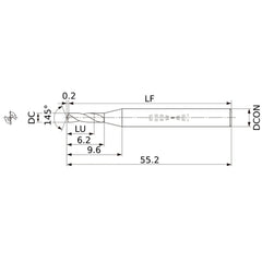 MWS0120SB VP15TF 1.2 mm Dia. × 3 mm Shank × 6.2 mm Flute Length × 55.2 mm OAL, 140°, 2 Flute, Coolant Thru, Solid Carbide Drill