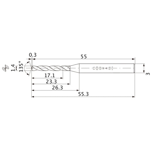 MWS0140XB VP15TF 1.4 mm Dia. × 3 mm Shank × 23.3 mm Flute Length × 55.3 mm OAL, 135°, 2 Flute, Coolant Thru, Solid Carbide Drill