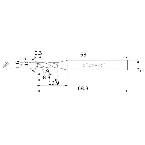 MWS0160SB VP15TF 1.6 mm Dia. × 3 mm Shank × 8.3 mm Flute Length × 68.3 mm OAL, 140°, 2 Flute, Coolant Thru, Solid Carbide Drill