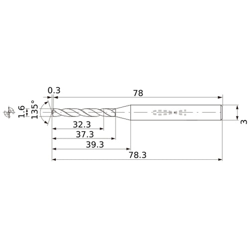 MWS0160X20DB VP15TF 1.6 mm Dia. × 3 mm Shank × 37.3 mm Flute Length × 78.3 mm OAL, 135°, 2 Flute, Coolant Thru, Solid Carbide Drill