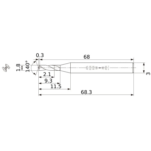 MWS0180SB VP15TF 1.8 mm Dia. × 3 mm Shank × 9.3 mm Flute Length × 68.3 mm OAL, 140°, 2 Flute, Coolant Thru, Solid Carbide Drill