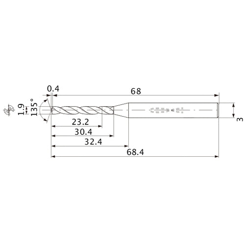 MWS0190XB VP15TF 1.9 mm Dia. × 3 mm Shank × 30.4 mm Flute Length × 68.4 mm OAL, 135°, 2 Flute, Coolant Thru, Solid Carbide Drill