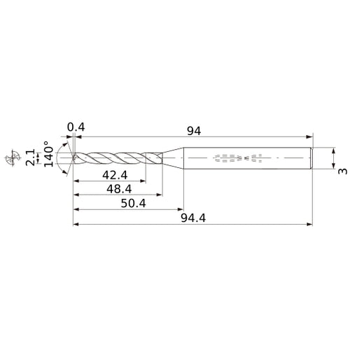 MWS0210X20DB VP15TF 2.1 mm Dia. × 3 mm Shank × 48.4 mm Flute Length × 94.4 mm OAL, 140°, 2 Flute, Coolant Thru, Solid Carbide Drill