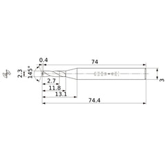 MWS0230SB VP15TF 2.3 mm Dia. × 3 mm Shank × 11.8 mm Flute Length × 74.4 mm OAL, 145°, 2 Flute, Coolant Thru, Solid Carbide Drill