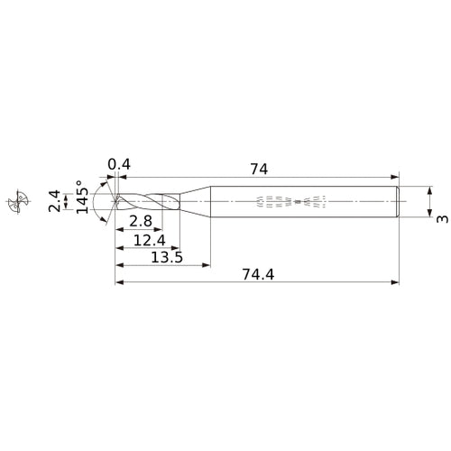 MWS0240SB VP15TF 2.4 mm Dia. × 3 mm Shank × 12.4 mm Flute Length × 74.4 mm OAL, 145°, 2 Flute, Coolant Thru, Solid Carbide Drill