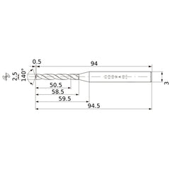 MWS0250X20DB VP15TF 2.5 mm Dia. × 3 mm Shank × 58.5 mm Flute Length × 94.5 mm OAL, 140°, 2 Flute, Coolant Thru, Solid Carbide Drill
