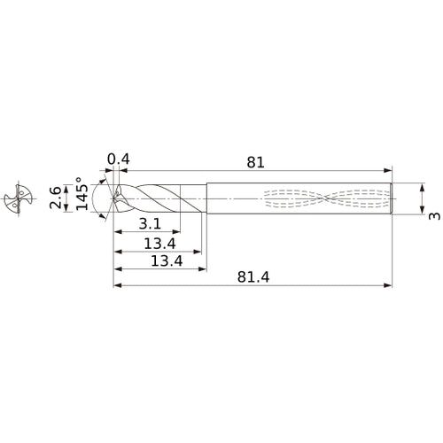 MWS0260SB VP15TF 2.6 mm Dia. × 3 mm Shank × 13.4 mm Flute Length × 81.4 mm OAL, 145°, 2 Flute, Coolant Thru, Solid Carbide Drill