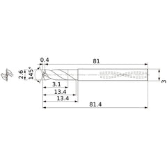 MWS0260SB VP15TF 2.6 mm Dia. × 3 mm Shank × 13.4 mm Flute Length × 81.4 mm OAL, 145°, 2 Flute, Coolant Thru, Solid Carbide Drill