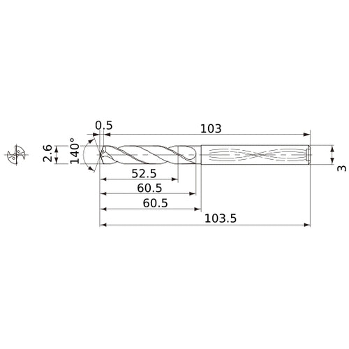 MWS0260X20DB VP15TF 2.6 mm Dia. × 3 mm Shank × 60.5 mm Flute Length × 103.5 mm OAL, 140°, 2 Flute, Coolant Thru, Solid Carbide Drill