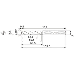 MWS0260X20DB VP15TF 2.6 mm Dia. × 3 mm Shank × 60.5 mm Flute Length × 103.5 mm OAL, 140°, 2 Flute, Coolant Thru, Solid Carbide Drill