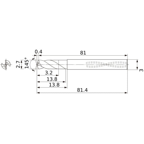 MWS0270SB VP15TF 2.7 mm Dia. × 3 mm Shank × 13.8 mm Flute Length × 81.4 mm OAL, 145°, 2 Flute, Coolant Thru, Solid Carbide Drill