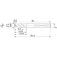 MWS0270SB VP15TF 2.7 mm Dia. × 3 mm Shank × 13.8 mm Flute Length × 81.4 mm OAL, 145°, 2 Flute, Coolant Thru, Solid Carbide Drill