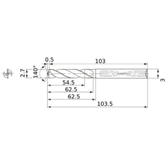 MWS0270X20DB VP15TF 2.7 mm Dia. × 3 mm Shank × 62.5 mm Flute Length × 103.5 mm OAL, 140°, 2 Flute, Coolant Thru, Solid Carbide Drill