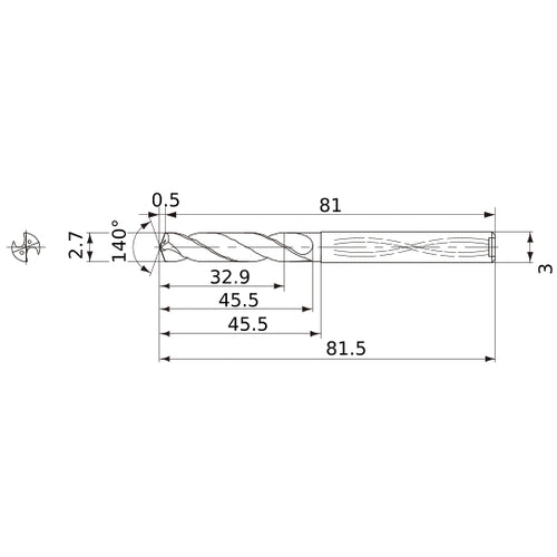 MWS0270XB VP15TF 2.7 mm Dia. × 3 mm Shank × 45.5 mm Flute Length × 81.5 mm OAL, 140°, 2 Flute, Coolant Thru, Solid Carbide Drill