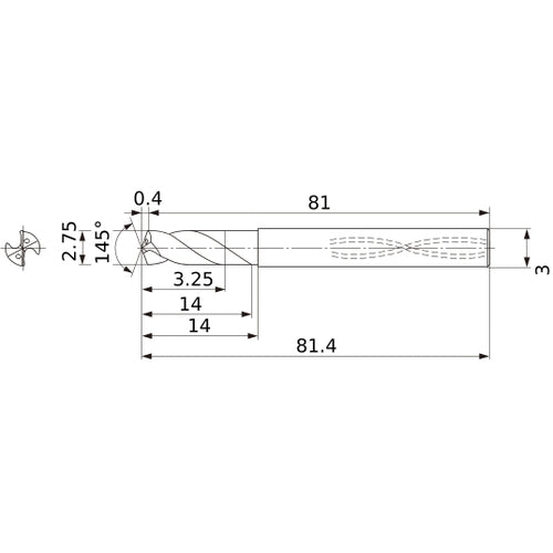 MWS0275SB VP15TF 2.75 mm Dia. × 3 mm Shank × 14 mm Flute Length × 81.4 mm OAL, 145°, 2 Flute, Coolant Thru, Solid Carbide Drill