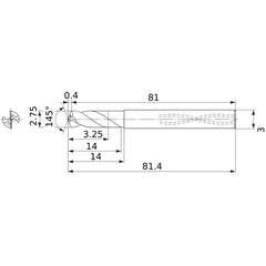 MWS0275SB VP15TF 2.75 mm Dia. × 3 mm Shank × 14 mm Flute Length × 81.4 mm OAL, 145°, 2 Flute, Coolant Thru, Solid Carbide Drill