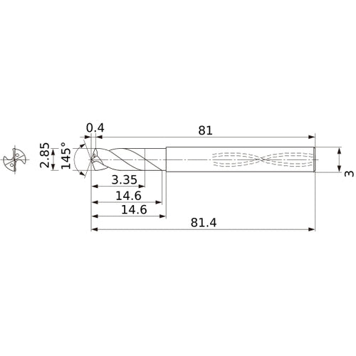 MWS0285SB VP15TF 2.85 mm Dia. × 3 mm Shank × 14.6 mm Flute Length × 81.4 mm OAL, 145°, 2 Flute, Coolant Thru, Solid Carbide Drill