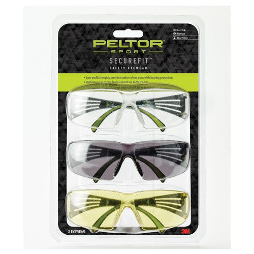 ‎Peltor Sport SecureFit Safety Eyewear SF400-P3PK-6 3 Pack: Clear + Amber + Gray Lenses AF - Americas Industrial Supply