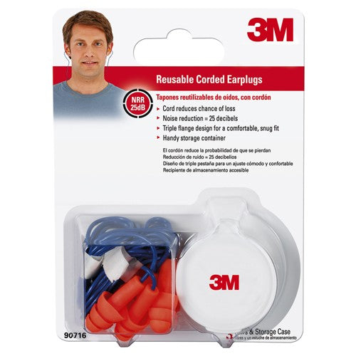 3M Corded Reusable Earplugs 90716H3-DC 3 pairs with case per pack 10 packs/case - Americas Industrial Supply