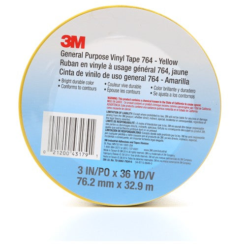 3M General Purpose Vinyl Tape 764 Yellow 3″ × 36 yd 5 mil Individually Wrapped Conveniently Packaged - Americas Industrial Supply