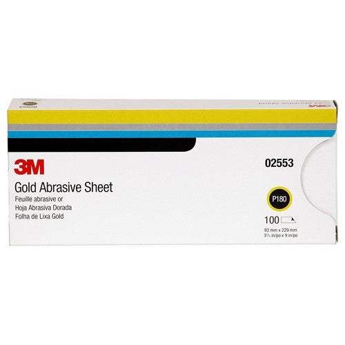 3M Gold Abrasive Sheet 02553 P180 grade 3 2/3″ × 9″ 100 sheets per sleeve - Americas Industrial Supply