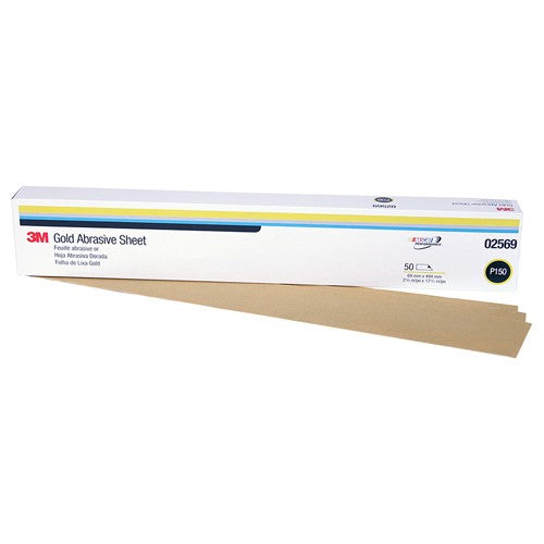 3M Gold Abrasive Sheet 02569 P150 grade 2 3/4″ × 17 1/2″ 50 sheets per sleeve - Americas Industrial Supply