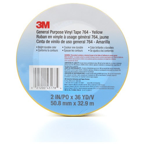3M General Purpose Vinyl Tape 764 Yellow 2″ × 36 yd 5 mil Individually Wrapped Conveniently Packaged - Americas Industrial Supply