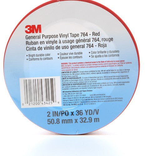 3M General Purpose Vinyl Tape 764 Red 2″ × 36 yd 5 mil Individually Wrapped Conveniently Packaged - Americas Industrial Supply
