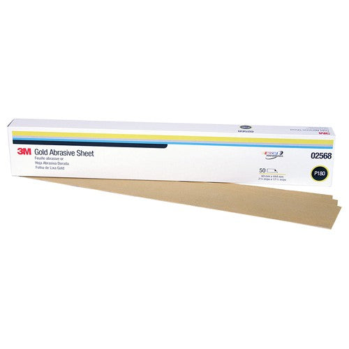 3M Gold Abrasive Sheet 02568 P180 grade 2 3/4″ × 17 1/2″ 50 sheets per pack - Americas Industrial Supply