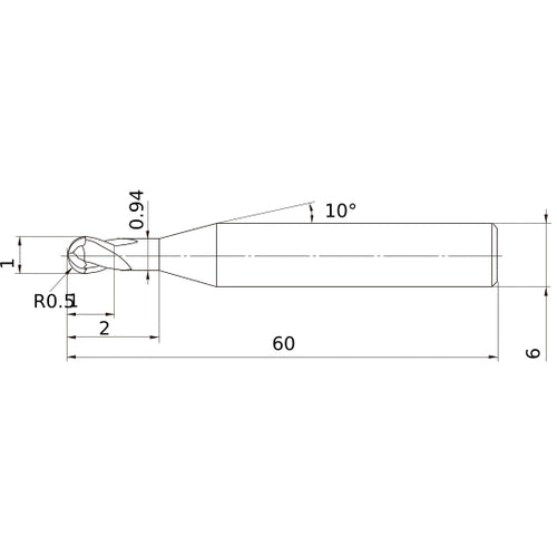 1 mm Dia. × 6 mm Shank × 1 mm DOC × 60 mm OAL, Carbide Impact Miracle, 2 Flute, 30° Helix, Ballnose End Mill VF2SDBLR0050