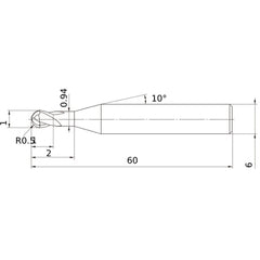 1 mm Dia. × 6 mm Shank × 1 mm DOC × 60 mm OAL, Carbide Impact Miracle, 2 Flute, 30° Helix, Ballnose End Mill VF2SDBLR0050