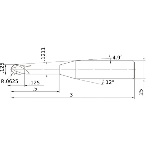 1/8″ Dia. × 1/4″ Shank × 1/8″ DOC × 3″ OAL, Carbide Impact Miracle, 2 Flute, 30° Helix, Ballnose End Mill VF2XLBD1/8N4D